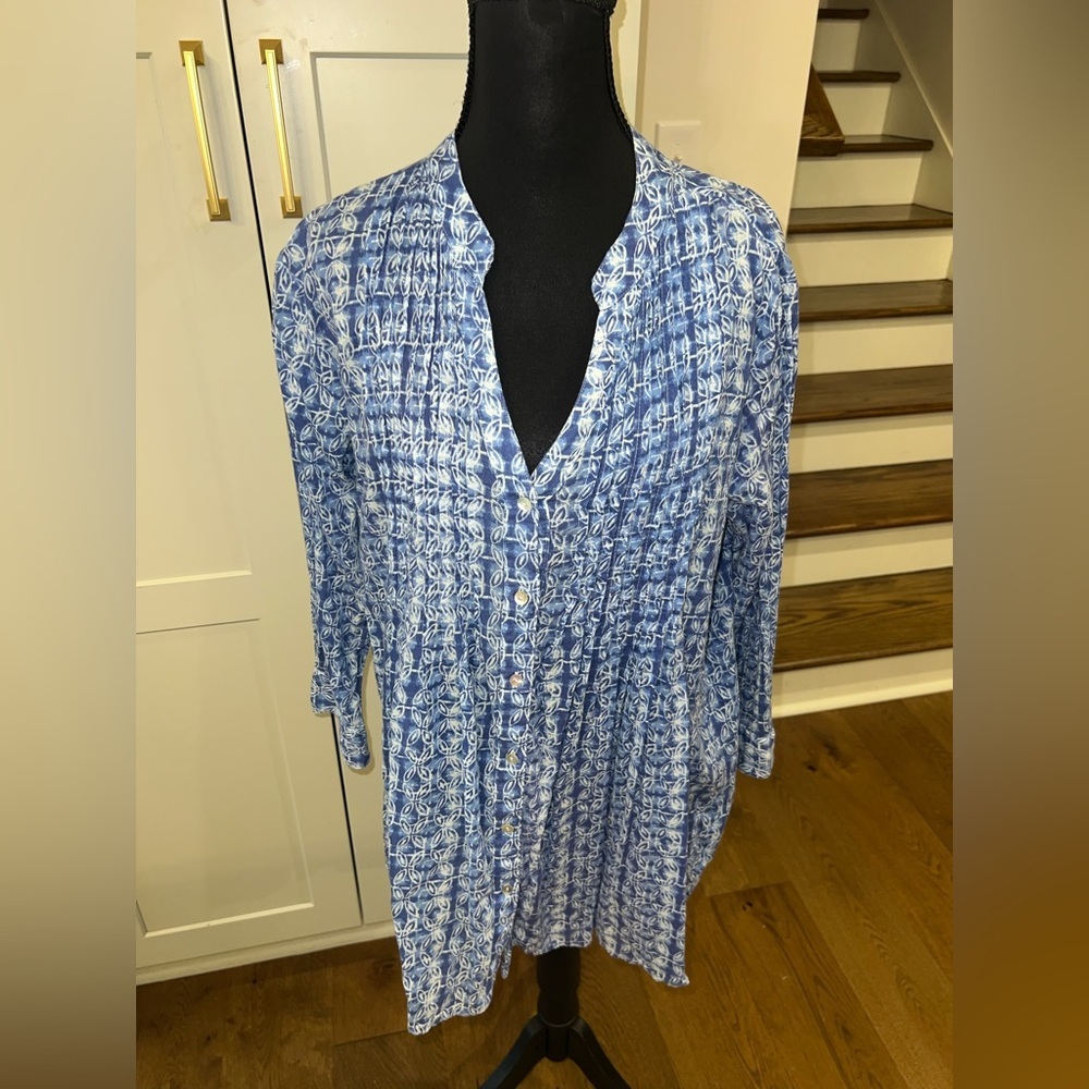 Blue Printed Women's Tunic Blouse Cotton Lightweight Boho Beachy Vacation